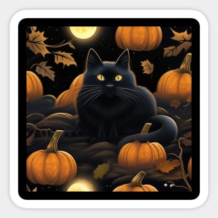 Black cat in pumpkin field at mid night Sticker